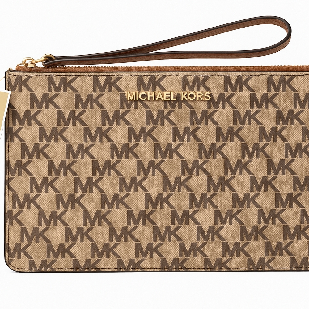 Michael Kors Beige Monogram Clutch with Gold Hardware